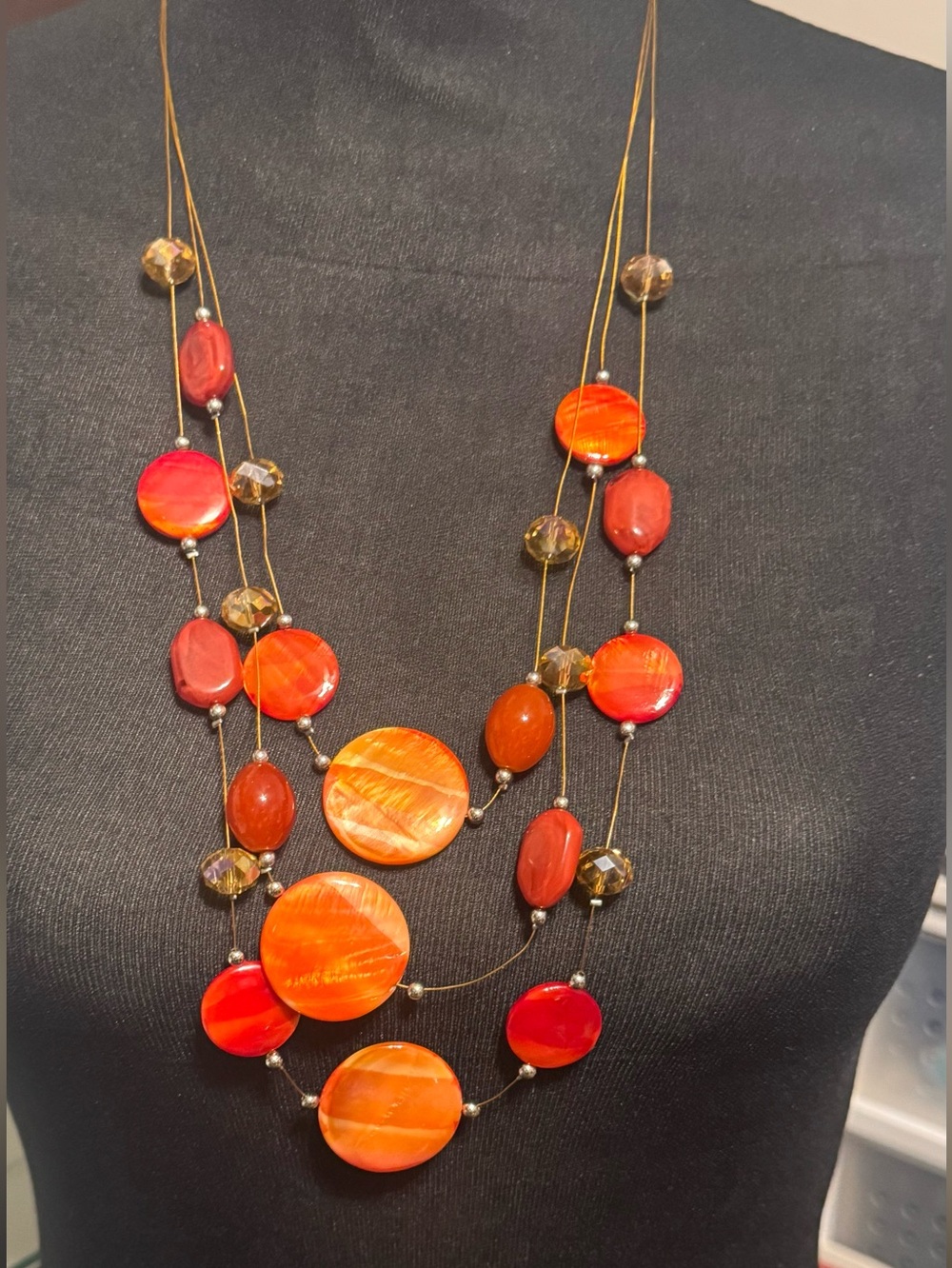 Multistrand round bead vibrant orange red statement necklace 30"
